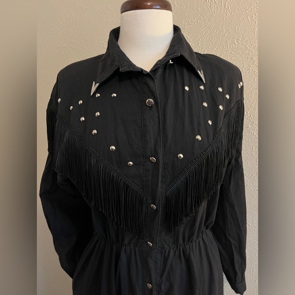 VINTAGE Black Tassle Fringe Western Dress with shiny buttons and ornamentation - Picture 2 of 8